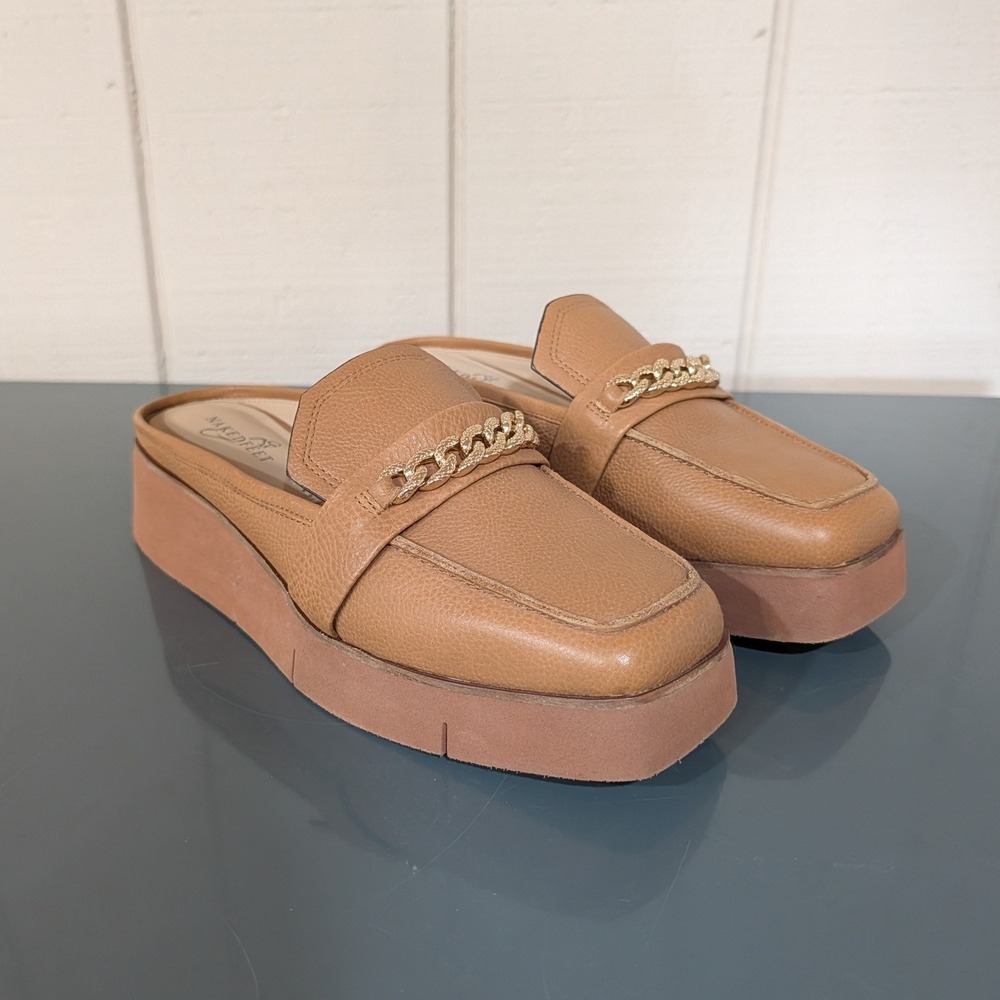 Naked Feet Elect Tan Leather Platform Mules Chain Loafer Slides Womens 10M